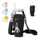 Tragetasche für Stanley Cup, Tragetasche für Wasserflaschen, Cup Tasche zubehör für Stanley Cup 40oz, mit Tasche,Verstellbar Schultergurt,Strohhülle,Cup-Zubehör,für Camping Wandern Radfahren(Schwarz)