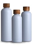 T&N Edelstahl Trinkflasche 1 Liter, Thermosflasche 1l mit Akazienholz Deckel, Isolierte Wasserflasche auslaufsicher bei Kohlensäure, Isolierflasche 1000ml - Sky Blue