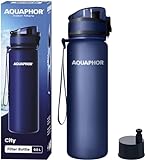 AQUAPHOR City Filterflasche 500ml Navy I Flasche mit Wasserfilter für unterwegs I Filter mit Aktivkohle I Filtert Chlor I Aus Tritan & BPA-frei I Für besseren Geschmack & Geruch des Wassers