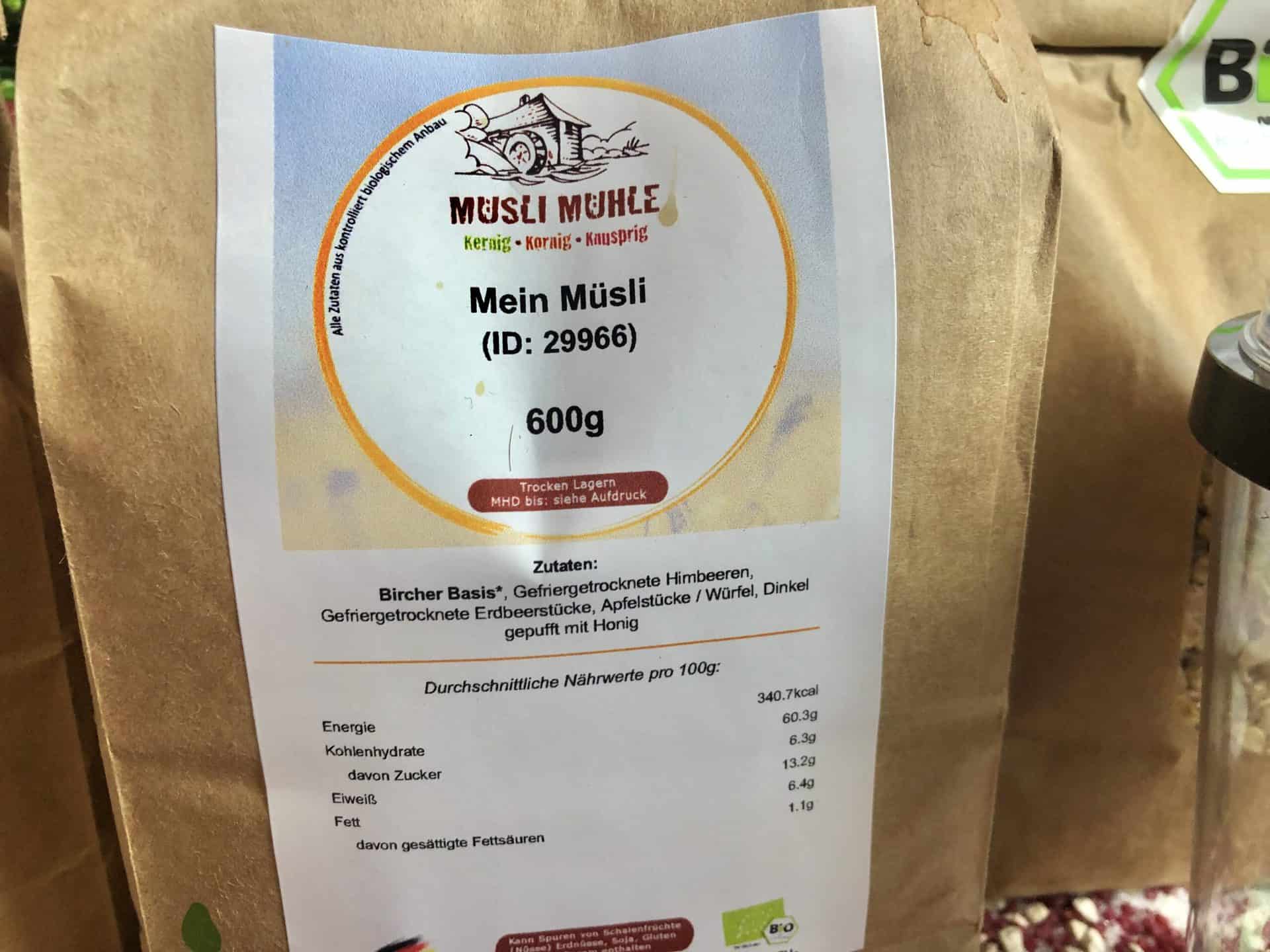 Das Etikett der Müsli Mühle