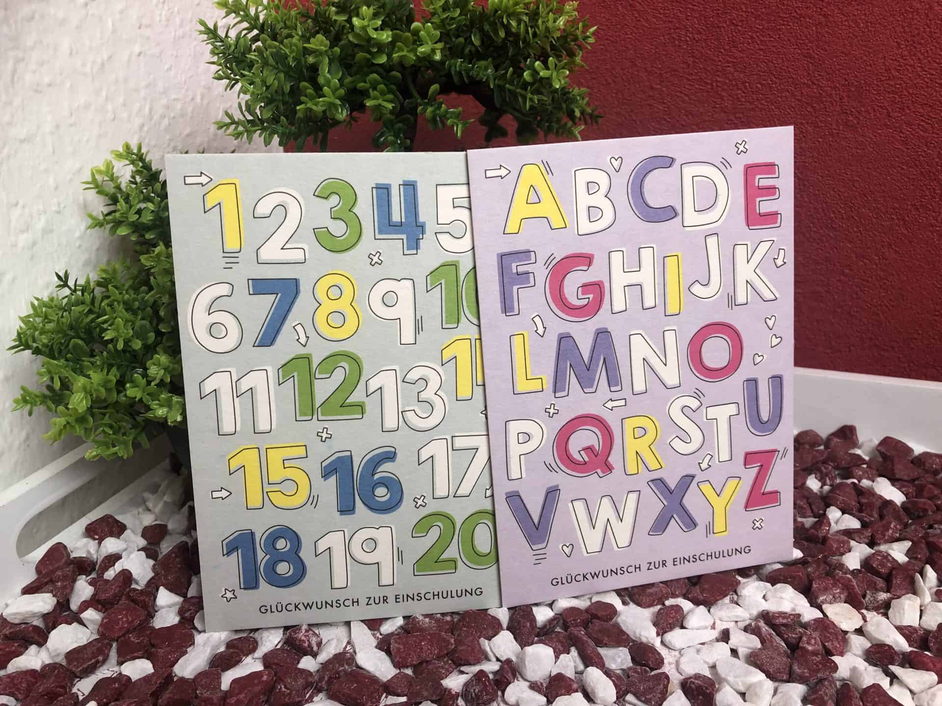 Einschulungskarten Flo mit Zahlen und dem ABC