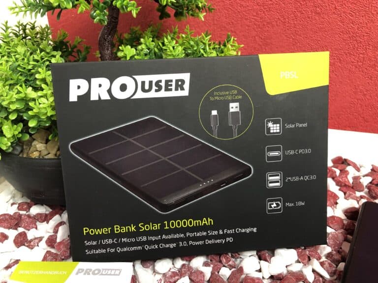 Der Karton der Pollin PROUSER USB Powerbank Solar