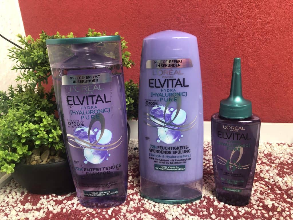 Meine drei Produkte der Serie Elvital Hydra Hyaluronic Pure