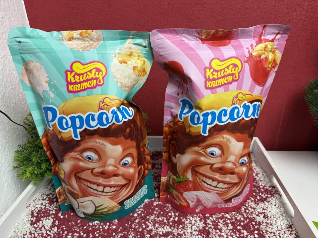 Krusty Krunch Popcorn die Sorten Erdbeere und Kokosnuss