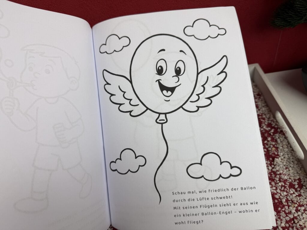 Ein weiteres Bild aus dem Luftballon Store Malbuch mit dem kleinen Text darunter