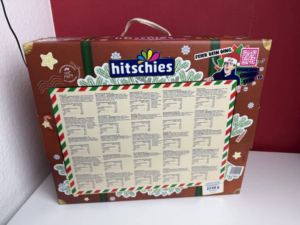 Die Rückseites des Hitschies Adventskalender 2025, Achtung Spoiler Alarm!!