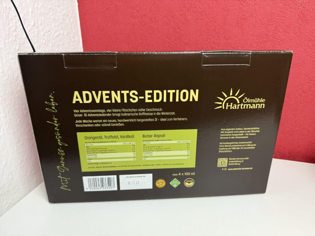 So sieht der Ölmühle Hartmann Adventskalender auf der Rückseite aus