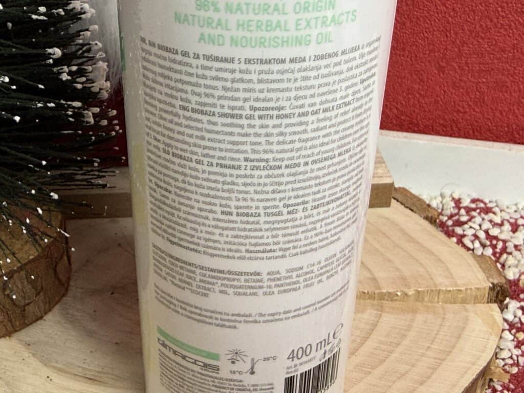 Alle Informationen auf dem Spender des Biobaza 2 in 1 Duschgel